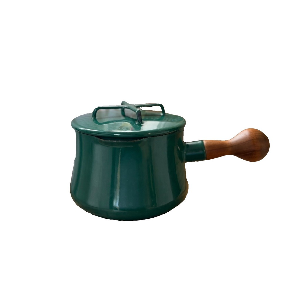 Dansk Kobenstyle France Green Enamel Butter Warmer with Teak Handle 1.5 Pint Vtg